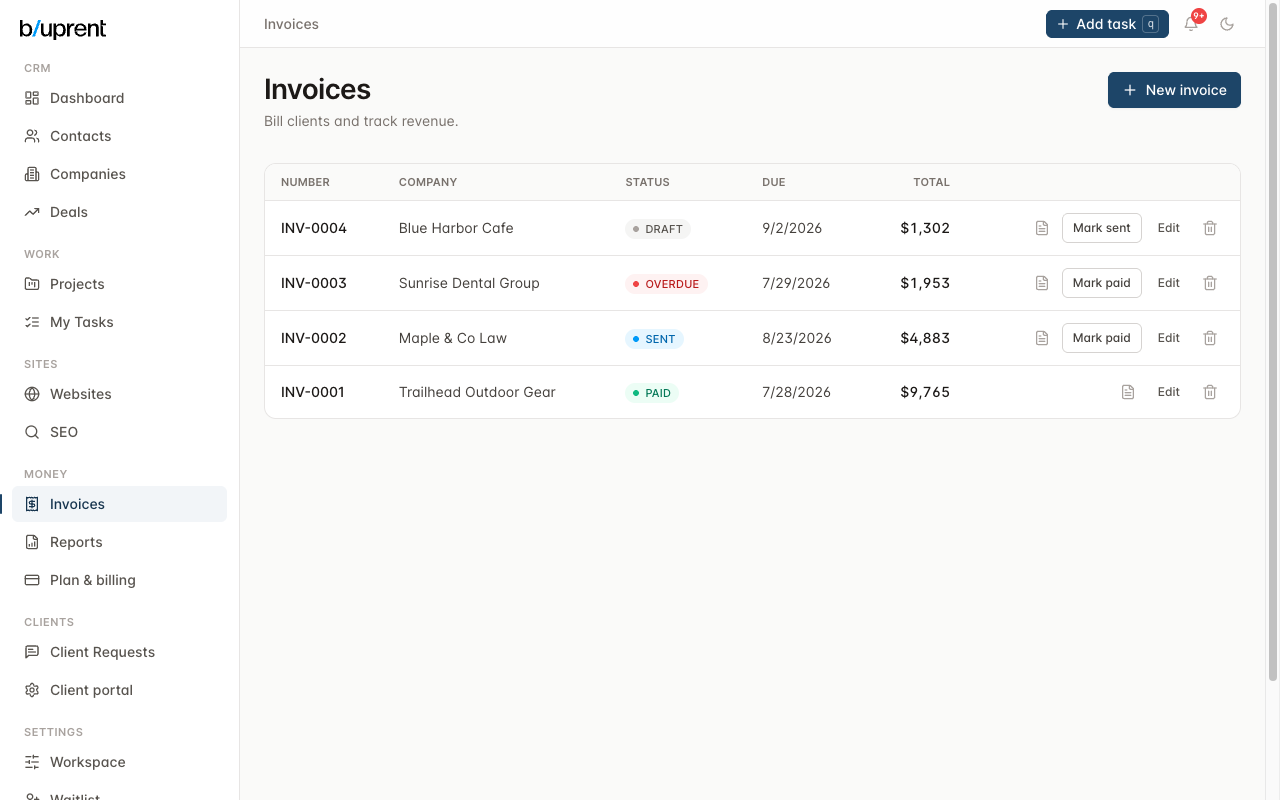 Invoices list showing invoice numbers, client, status badges, due dates, and totals