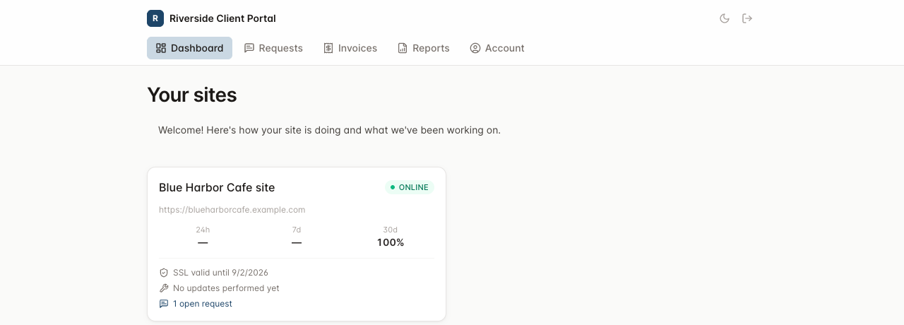 White-labeled client portal dashboard listing a client's sites with uptime and status